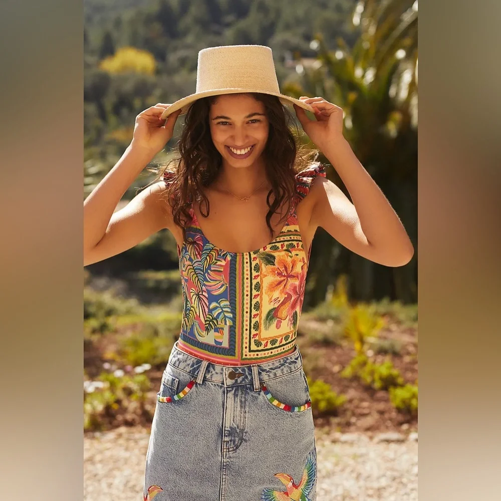 NWT Farm Rio Embroidered Denim Mini Skirt Tropical Colorful Boho Vacation Beach - Picture 7 of 13